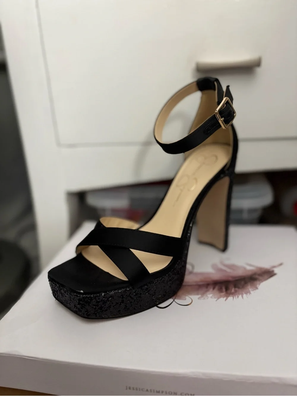 Jessica Simpson Black Satin Platform Ankle-Strap Heels